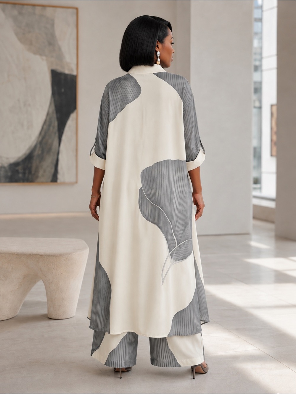 Ivory Gray Abstract Leaf Longline Shirt Wide-Leg Pants Set - Picture 4 of 8